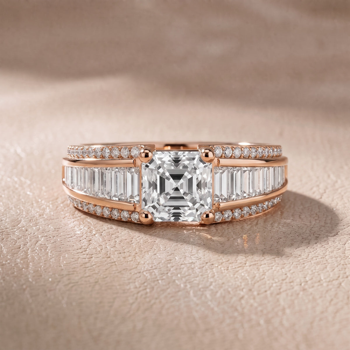 Tara Channel Set Baguette Accent Asscher Diamond Engagement Ring in Rose Gold - front.jpg