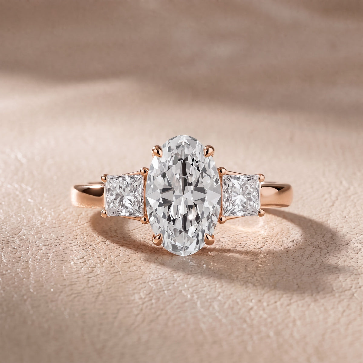 Aria Three-Stone Basket Oval Diamond Engagement Ring in Rose Gold - front.jpg