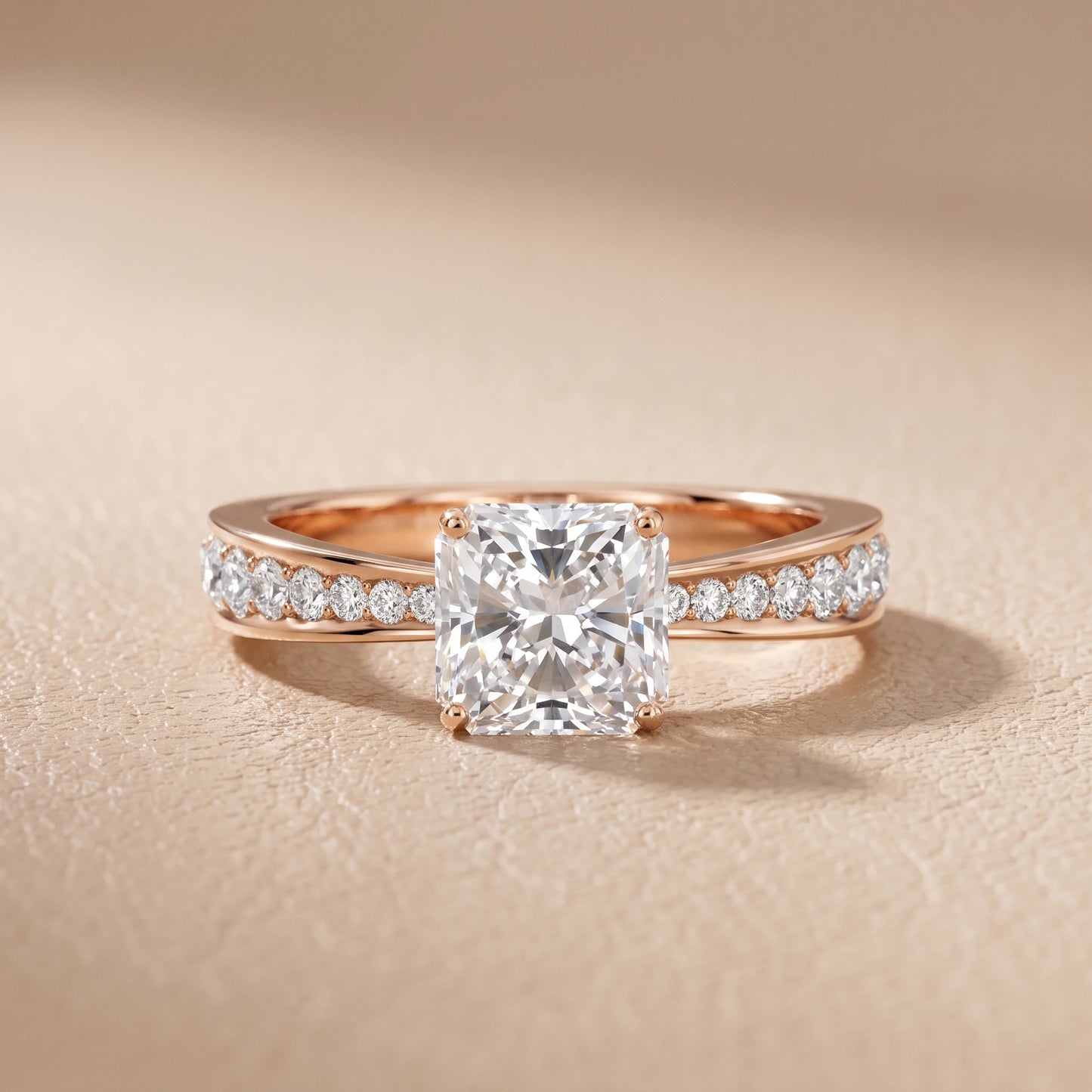 Rhea Sidestone Pavé Radiant Diamond Engagement Ring in Rose Gold - front.jpg
