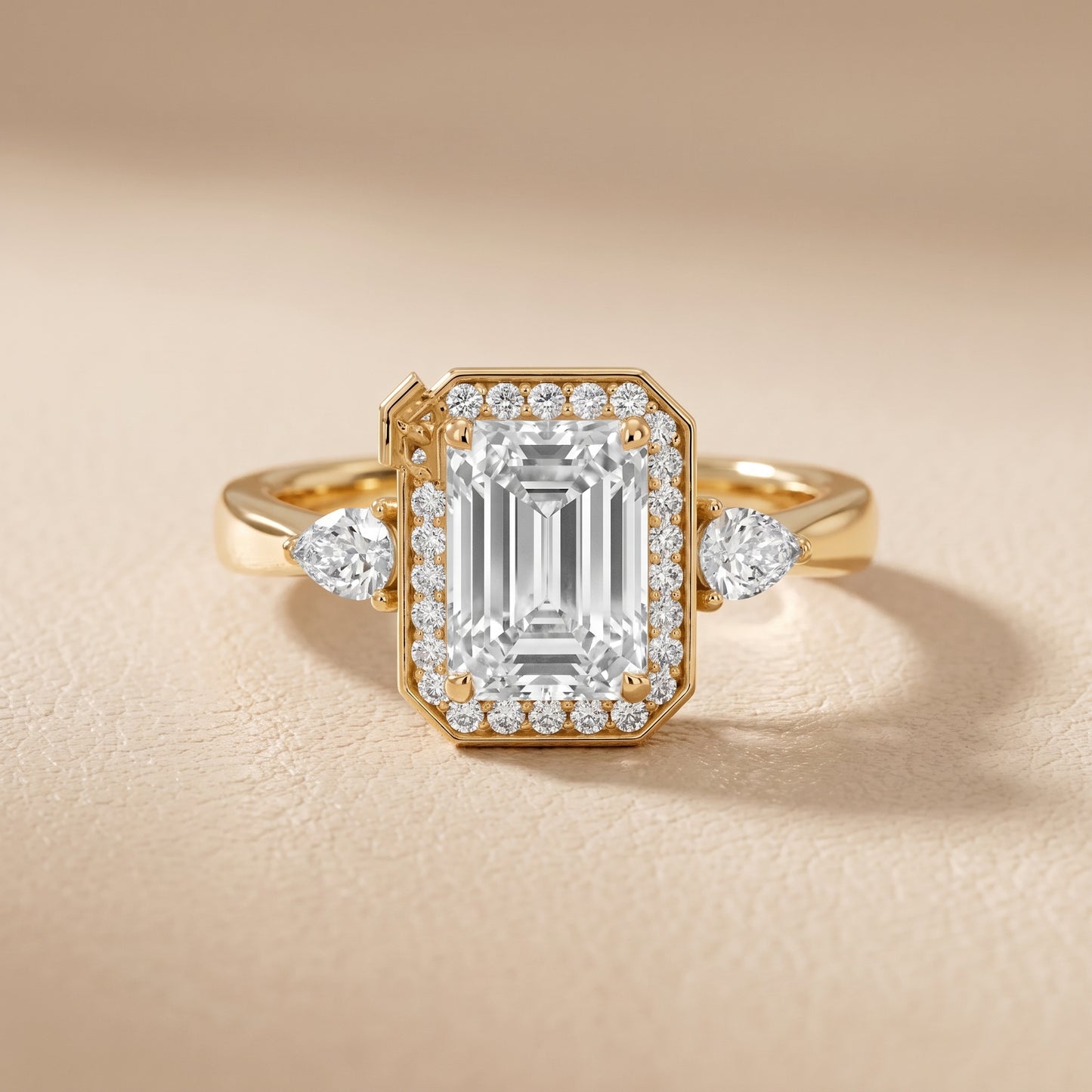 Eliza Halo Sidestone Emerald Diamond Engagement Ring in Yellow Gold - front.jpg