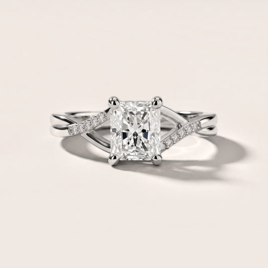 Veronica Twist Side Stone Radiant Diamond Engagement Ring in White Gold