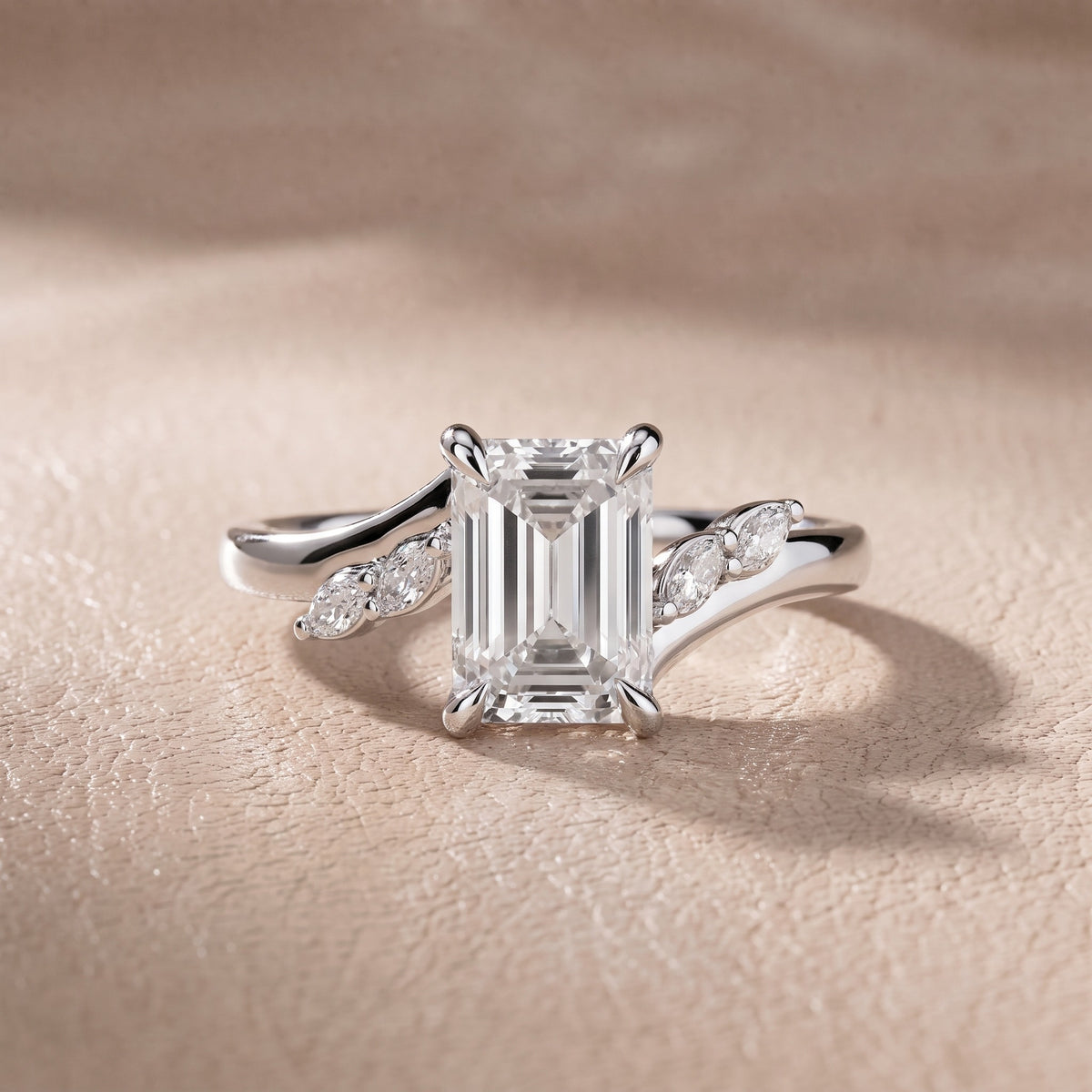 Flora Twist Side Stone Emerald Diamond Engagement Ring in Silver - front.jpg