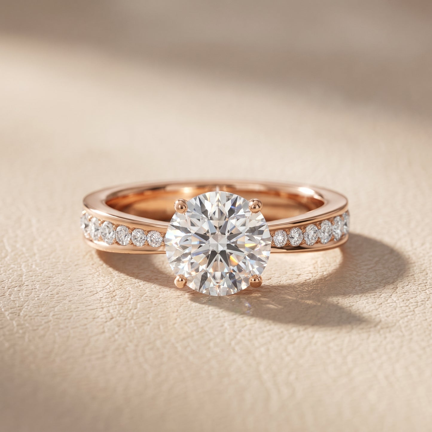 Rhea Sidestone Pavé Round Diamond Engagement Ring in Rose Gold - front.jpg