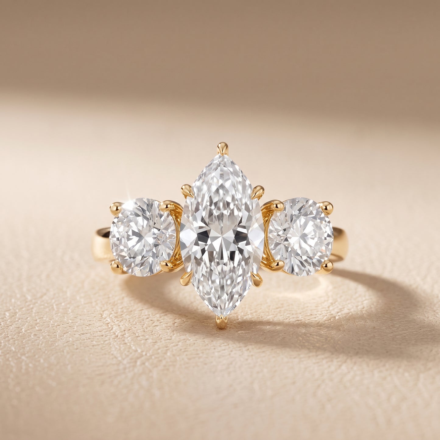 Esme Three-Stone Tapered Marquise Diamond Ring in Yellow Gold - front.jpg