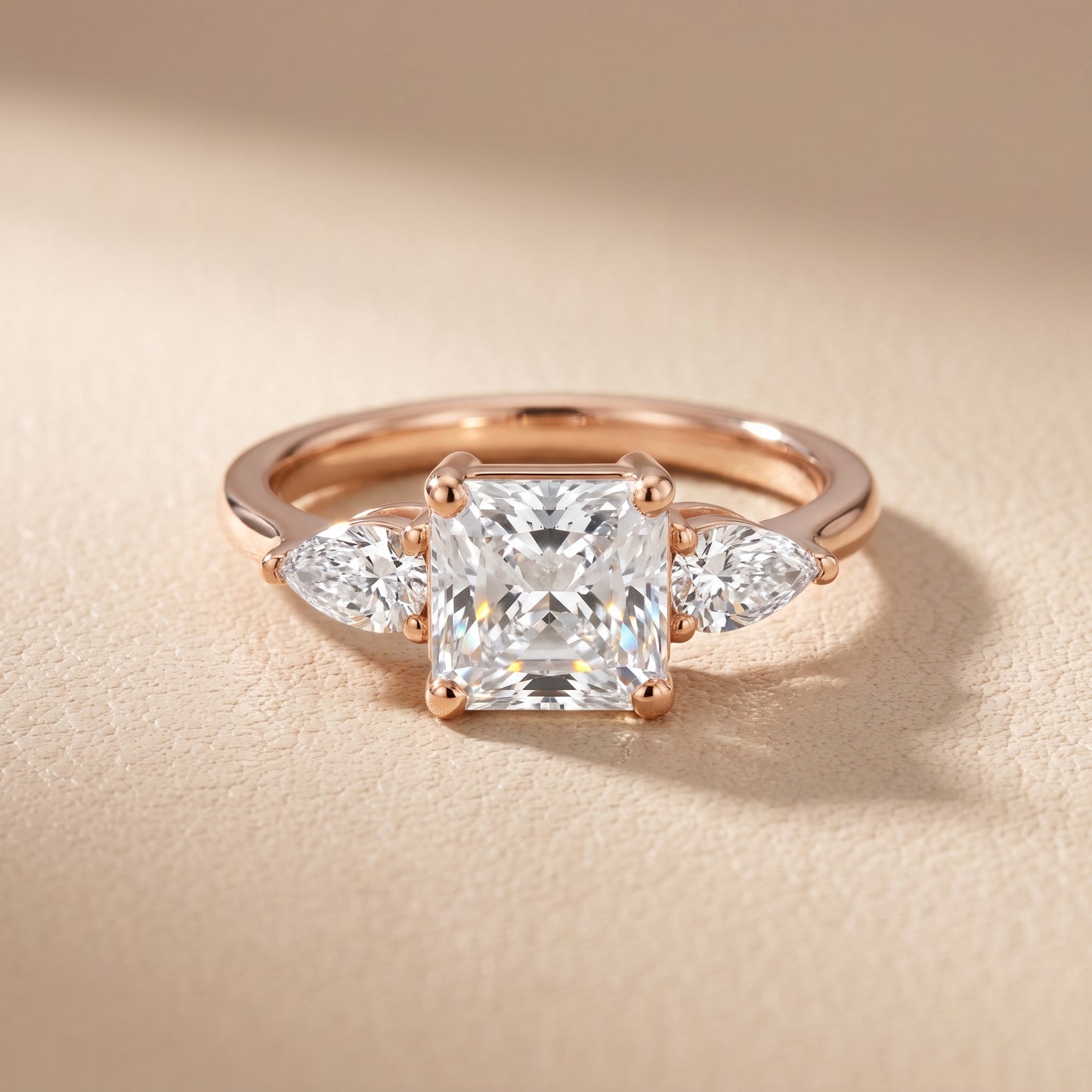 Faye Three-Stone Trellis Radiant Diamond Ring in Rose Gold - front.jpg
