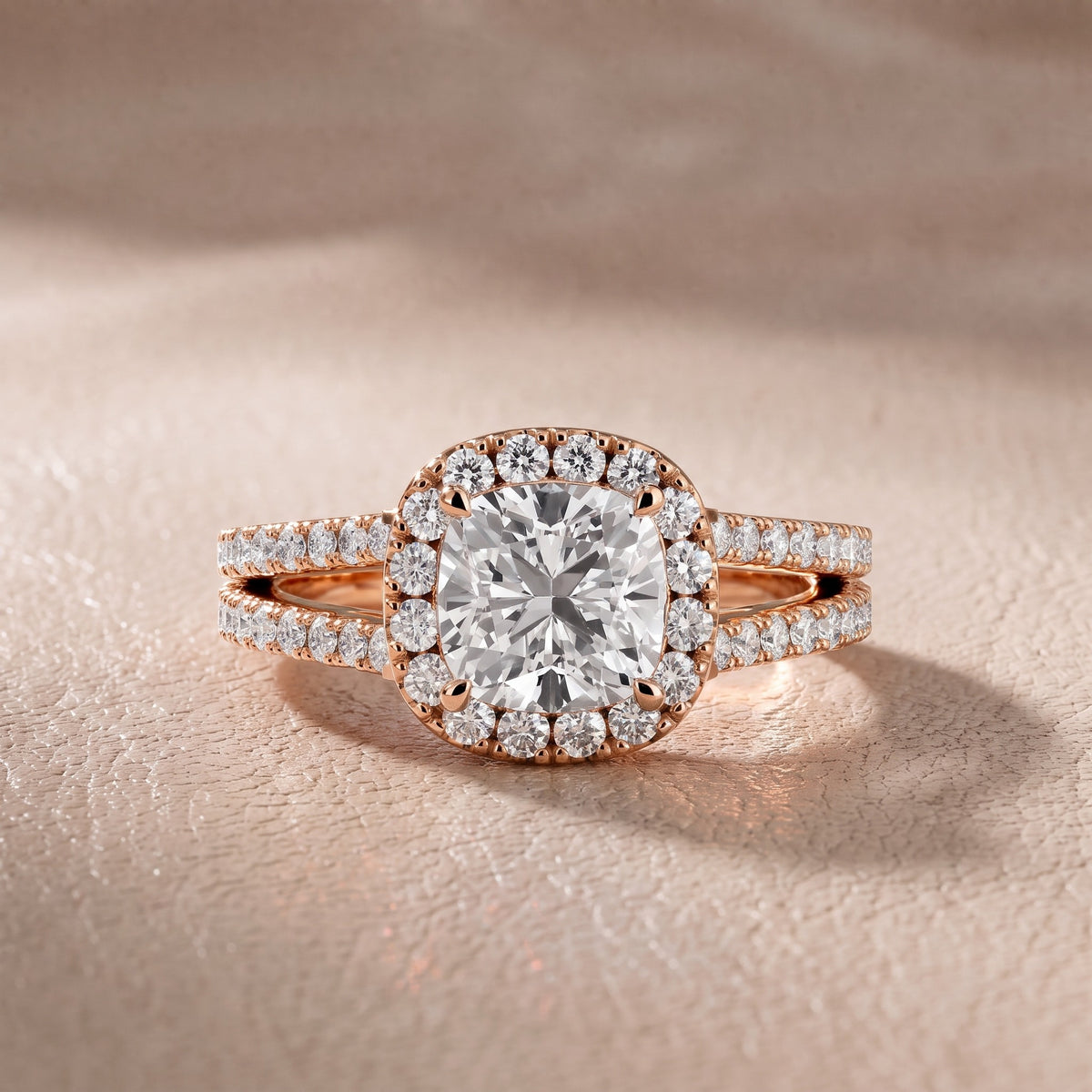 Kira Halo Split Shank Cushion Diamond Engagement Ring in Rose Gold - front.jpg