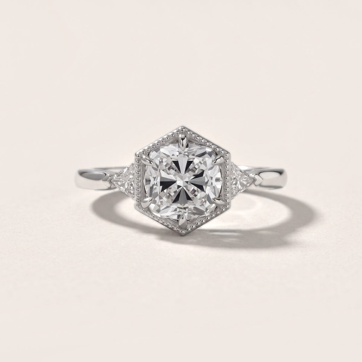 Faith Milgrain Three-Stone Cushion Diamond Engagement Ring in White Gold - front.jpg