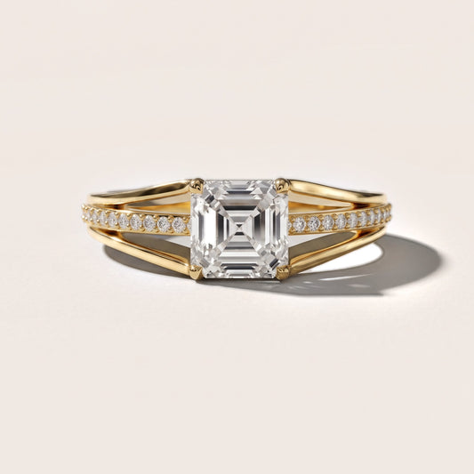 Lucinda Split Shank Asscher Diamond Engagement Ring in Yellow Gold