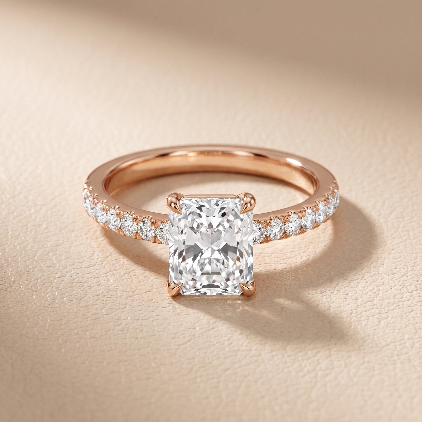 Veda Split Shank Pavé Radiant Diamond Engagement Ring in Rose Gold - front.jpg