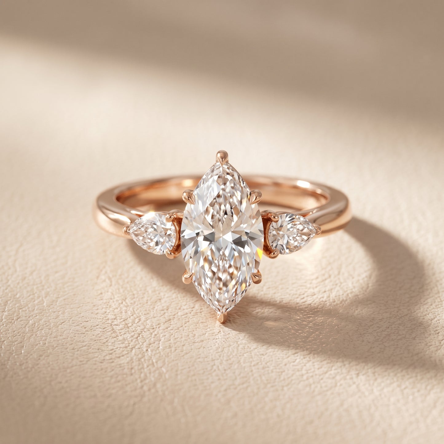 Phoebe Three-Stone Marquise Diamond Ring in Rose Gold - front.jpg