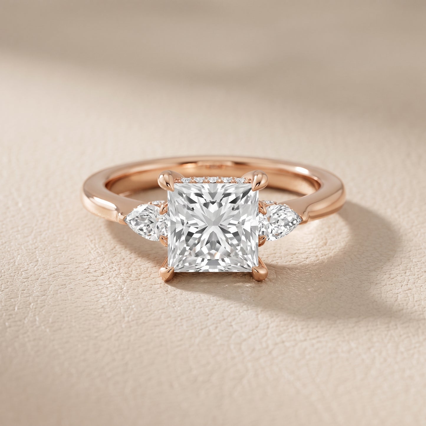 Leila Three-Stone Princess Diamond Engagement Ring in Rose Gold - front.jpg