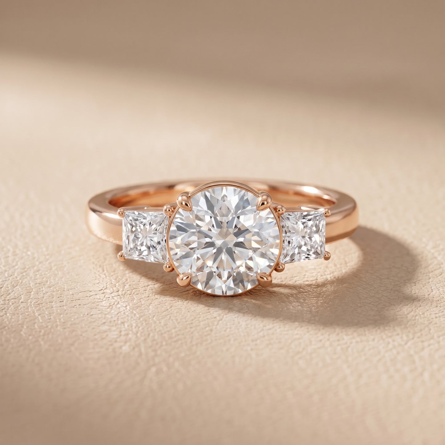 Selena Three-Stone Basket Round Diamond Ring in Rose Gold - front.jpg