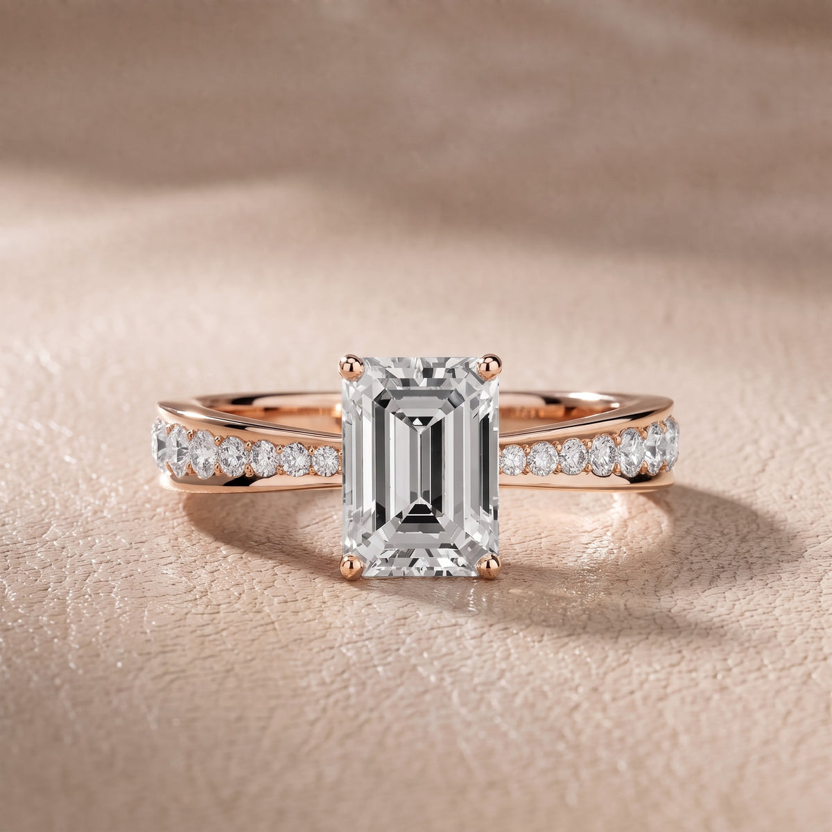 Rhea Sidestone Pavé Emerald Diamond Engagement Ring in Rose Gold - front.jpg
