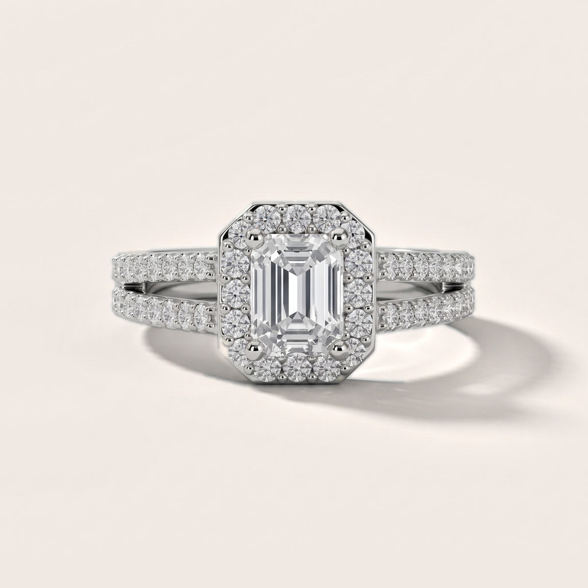 Tampa Halo Split Shank Emerald Diamond Engagement Ring in Silver - front.jpg