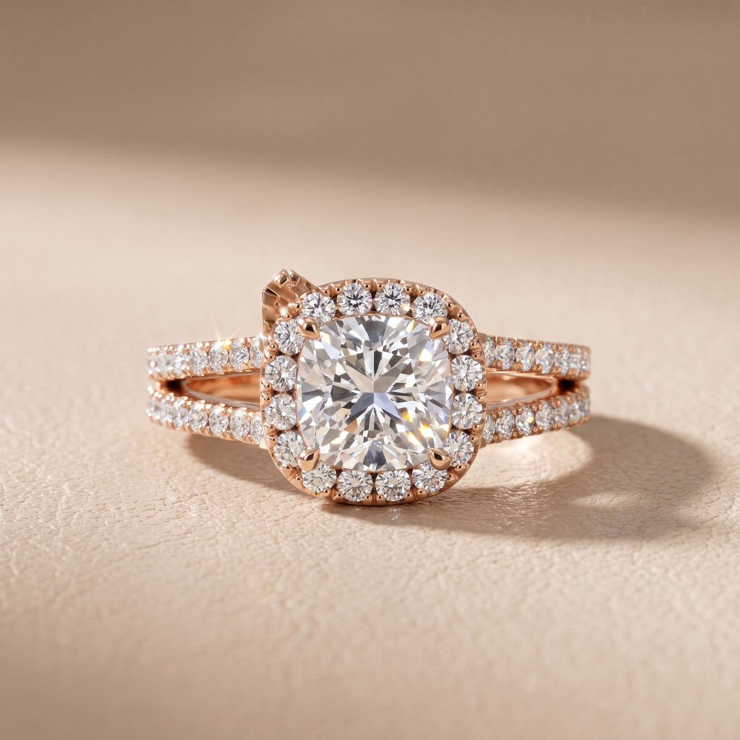 Kira Halo Split Shank Cushion Diamond Engagement Ring in Rose Gold - front.jpg