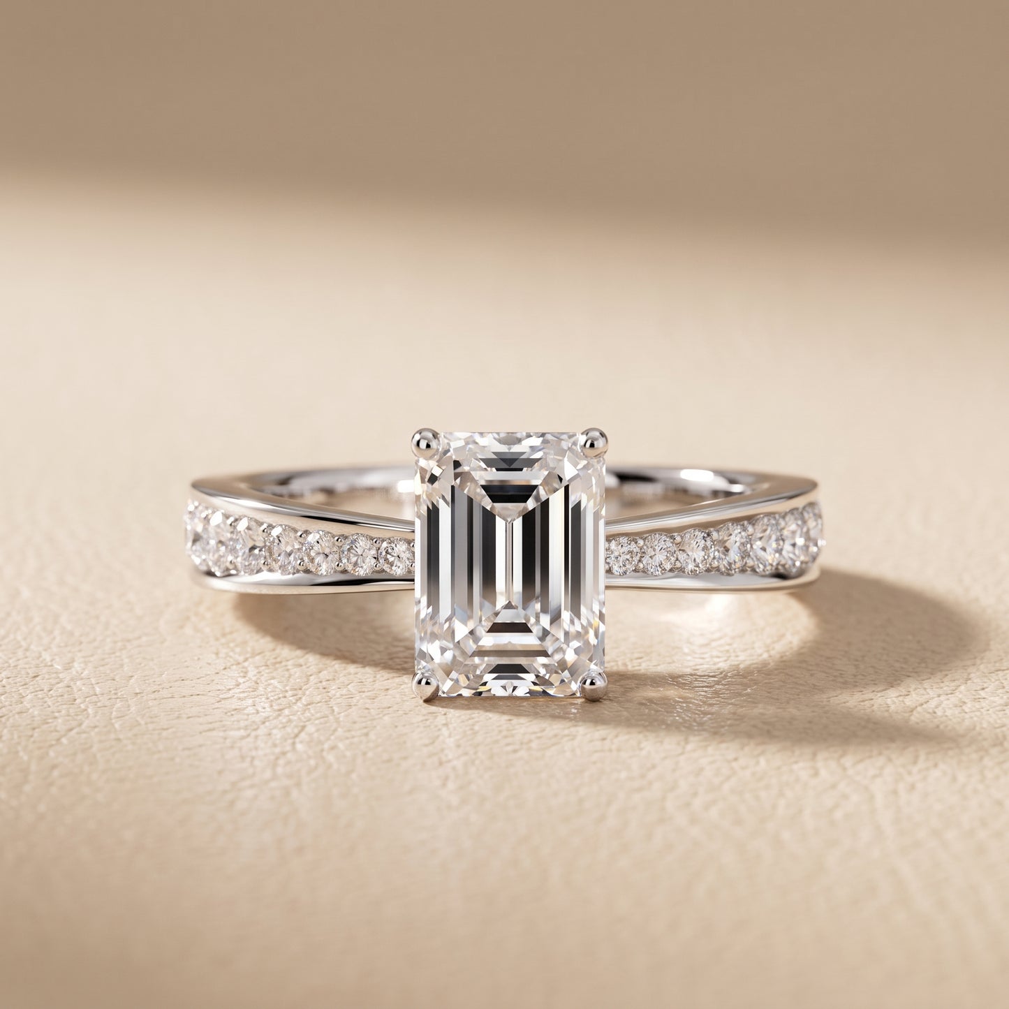 Rhea Sidestone Pavé Emerald Diamond Engagement Ring in White Gold - front.jpg