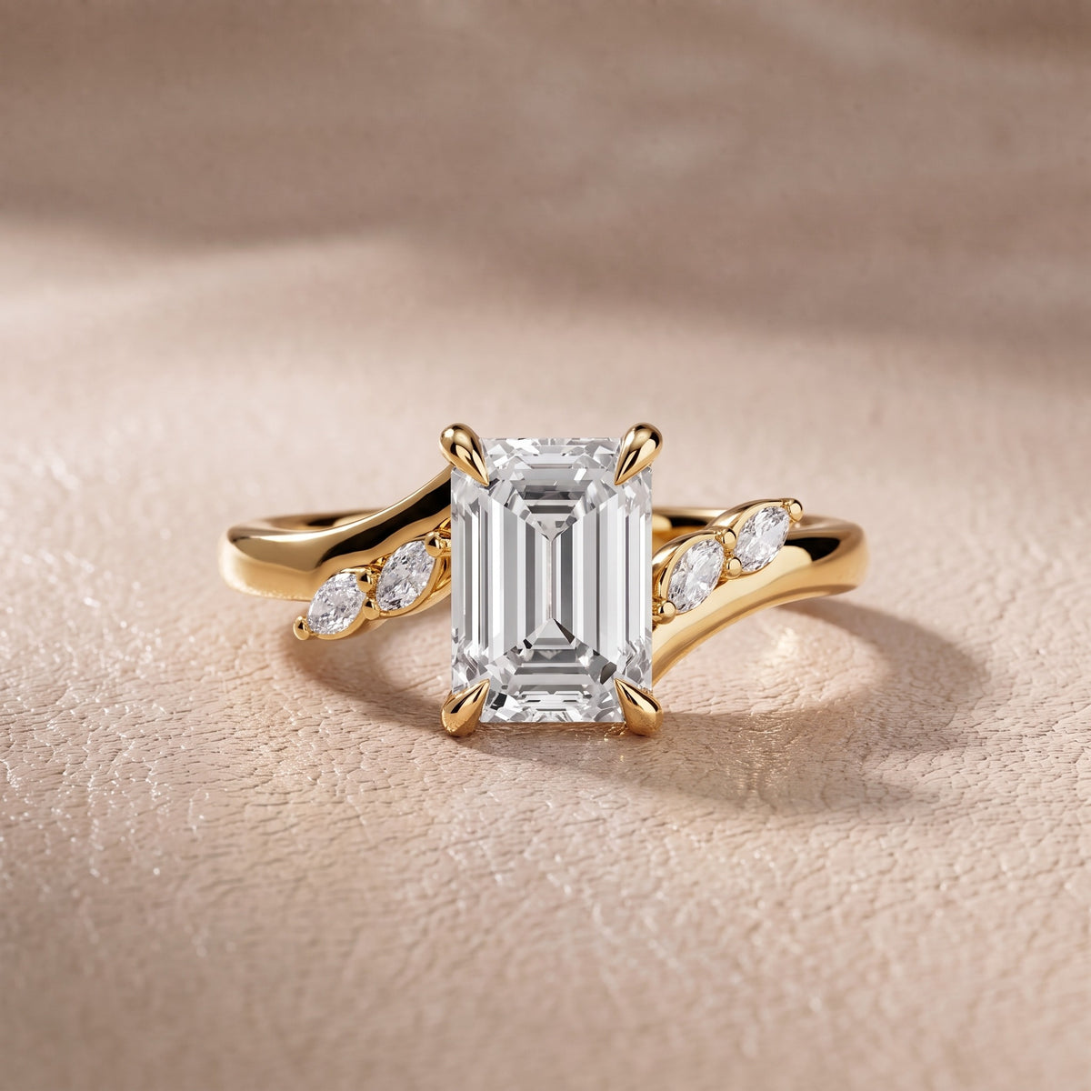 Flora Twist Side Stone Emerald Diamond Engagement Ring in Yellow Gold - front.jpg