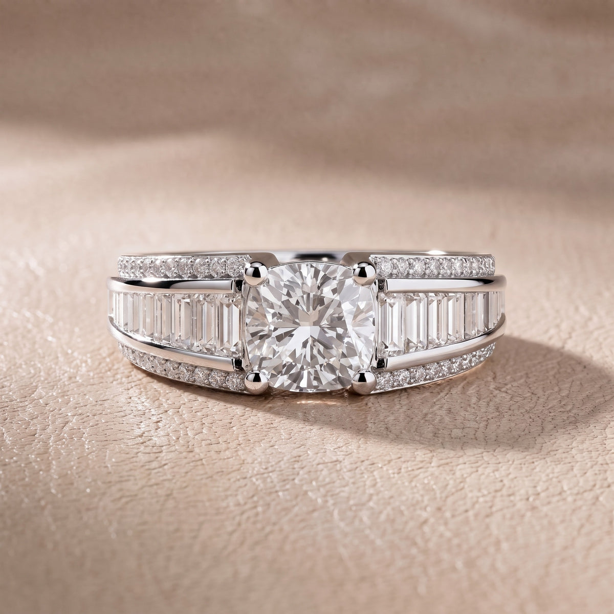 Tara Channel Set Baguette Accent Cushion Diamond Engagement Ring in White Gold - front.jpg