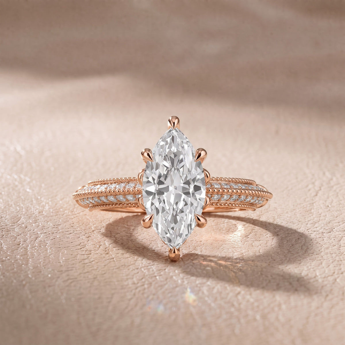Chiara Vintage Milgrain Marquise Diamond Engagement Ring in Rose Gold - front.jpg