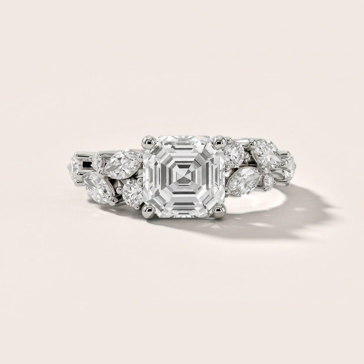 Kelsey Leaf Cluster Asscher Diamond Engagement Ring in Platinum - front.jpg