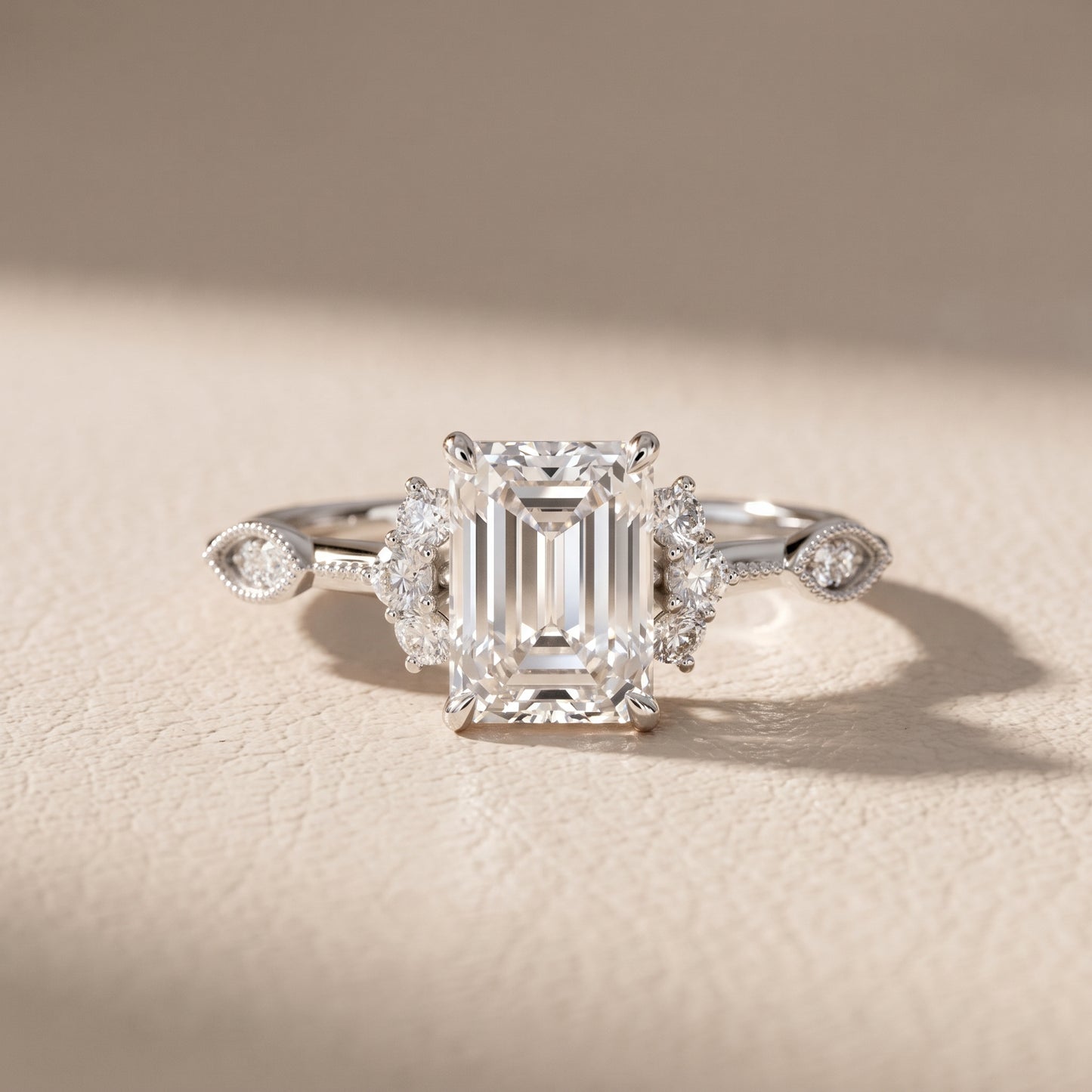 Naomi Vintage Milgrain Emerald Diamond Engagement Ring in White Gold - front.jpg