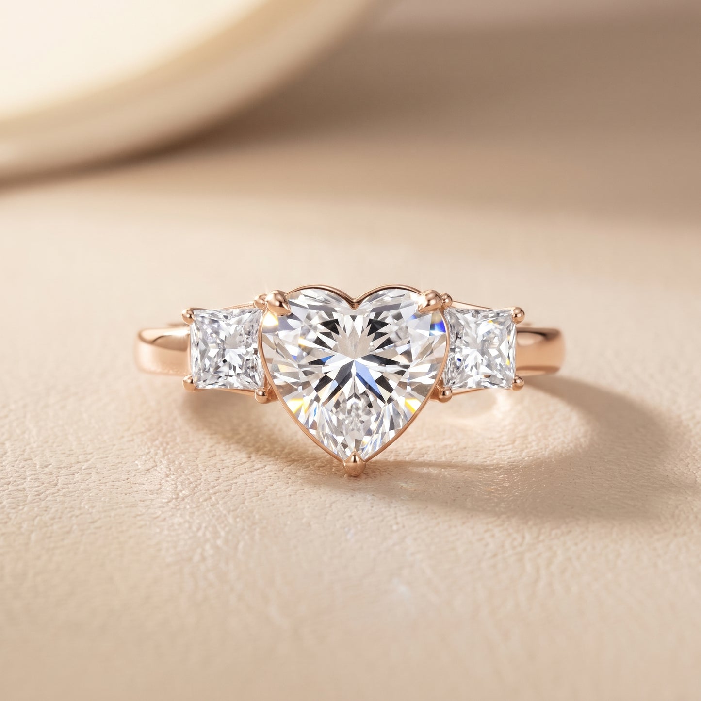 Selena Three-Stone Basket Heart Diamond Ring in Rose Gold - front.jpg