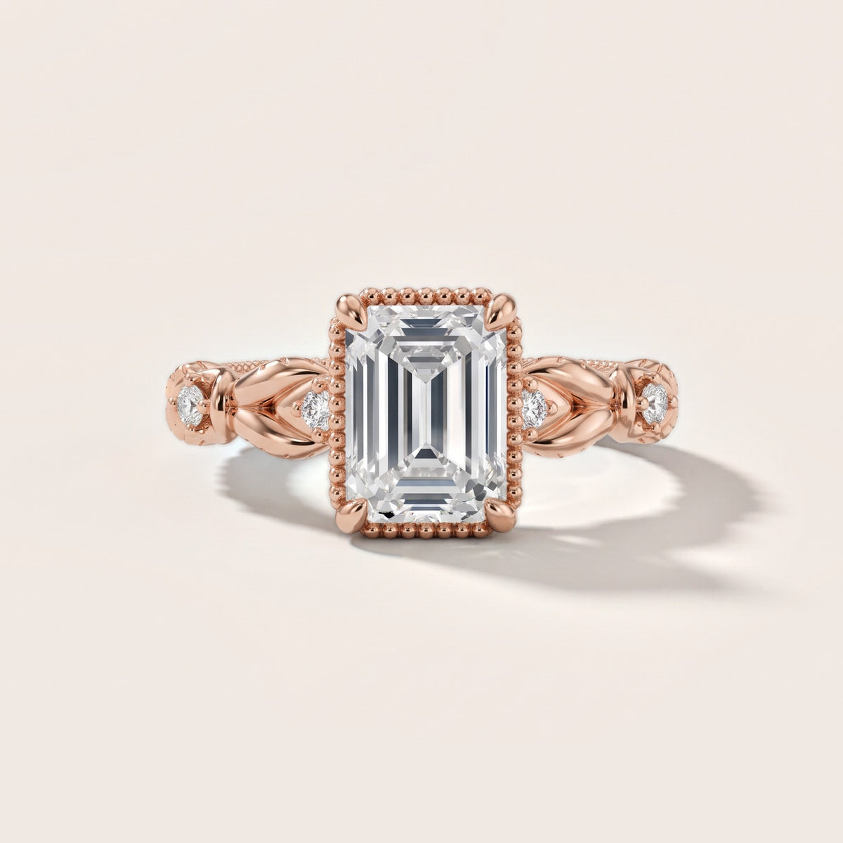 Pelham Vintage Leaf Emerald Diamond Engagement Ring in Rose Gold - front.jpg