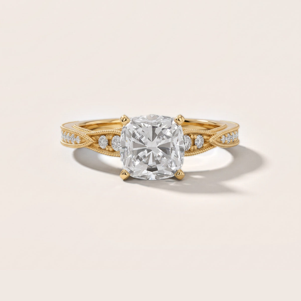 Lucette Scalloped Milgrain Cushion Diamond Engagement Ring in Yellow Gold - front.jpg