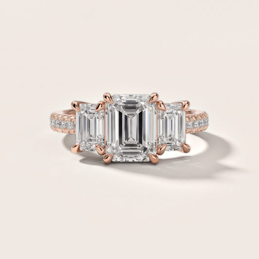 Gabrielle Three-Stone Pavé Emerald Diamond Engagement Ring in Rose Gold