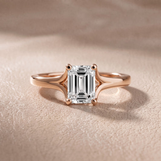 Nell Split Shank Solitaire Emerald Diamond Engagement Ring in Rose Gold - front.jpg
