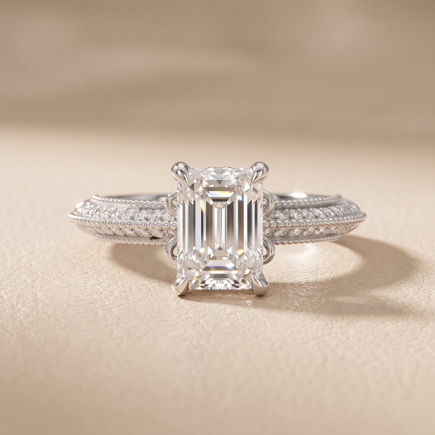 Indie Vintage Milgrain Emerald Diamond Engagement Ring in White Gold - front.jpg
