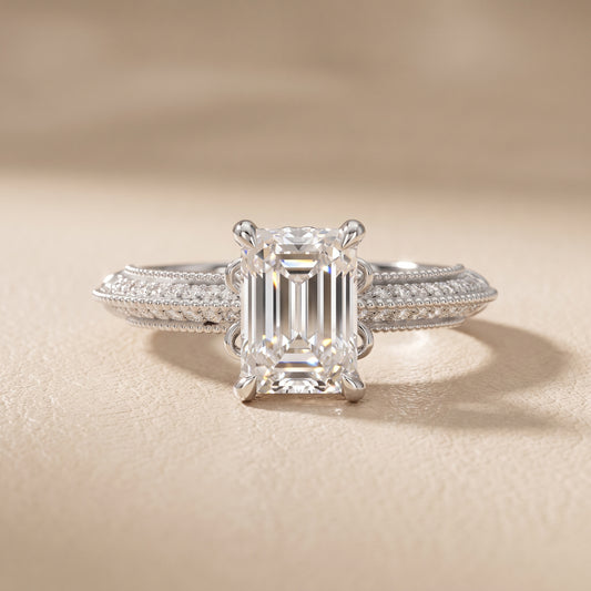 Indie Vintage Milgrain Emerald Diamond Engagement Ring in White Gold - front.jpg