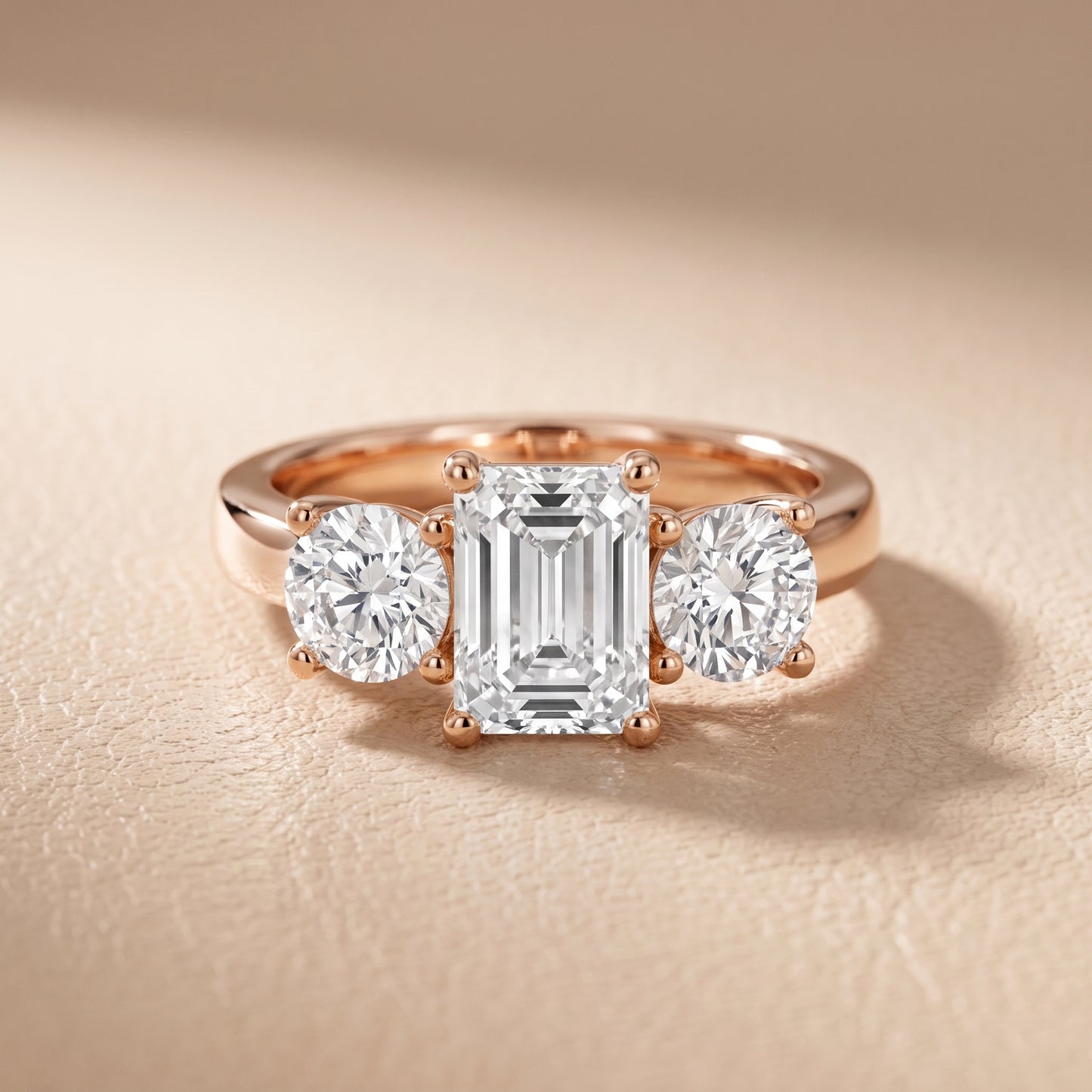 Callie Three-Stone Trellis Emerald Diamond Ring in Rose Gold - front.jpg