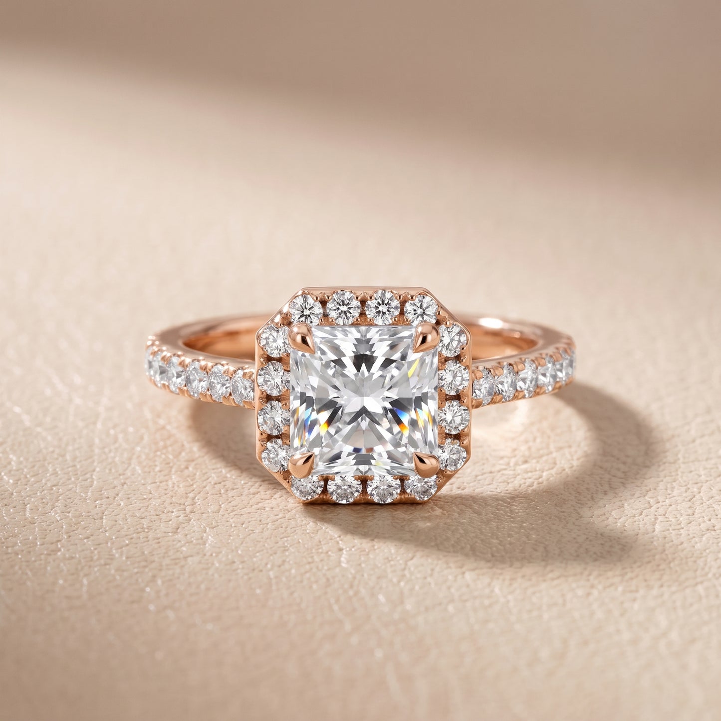 Amara Halo Claw Prong Radiant Diamond Ring in Rose Gold - front.jpg