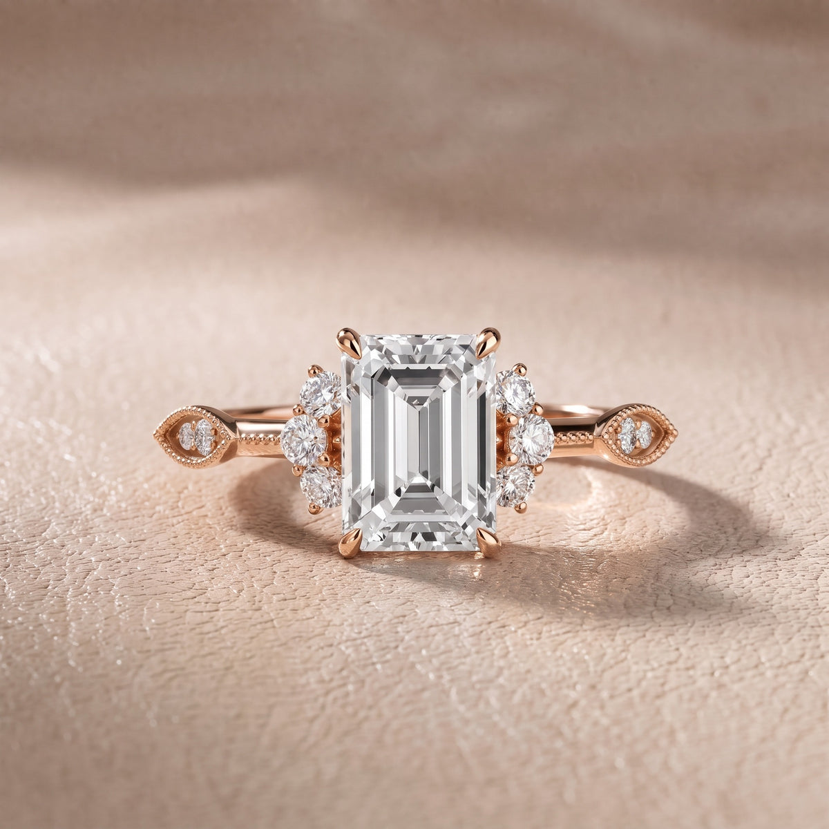Naomi Vintage Milgrain Emerald Diamond Engagement Ring in Rose Gold - front.jpg