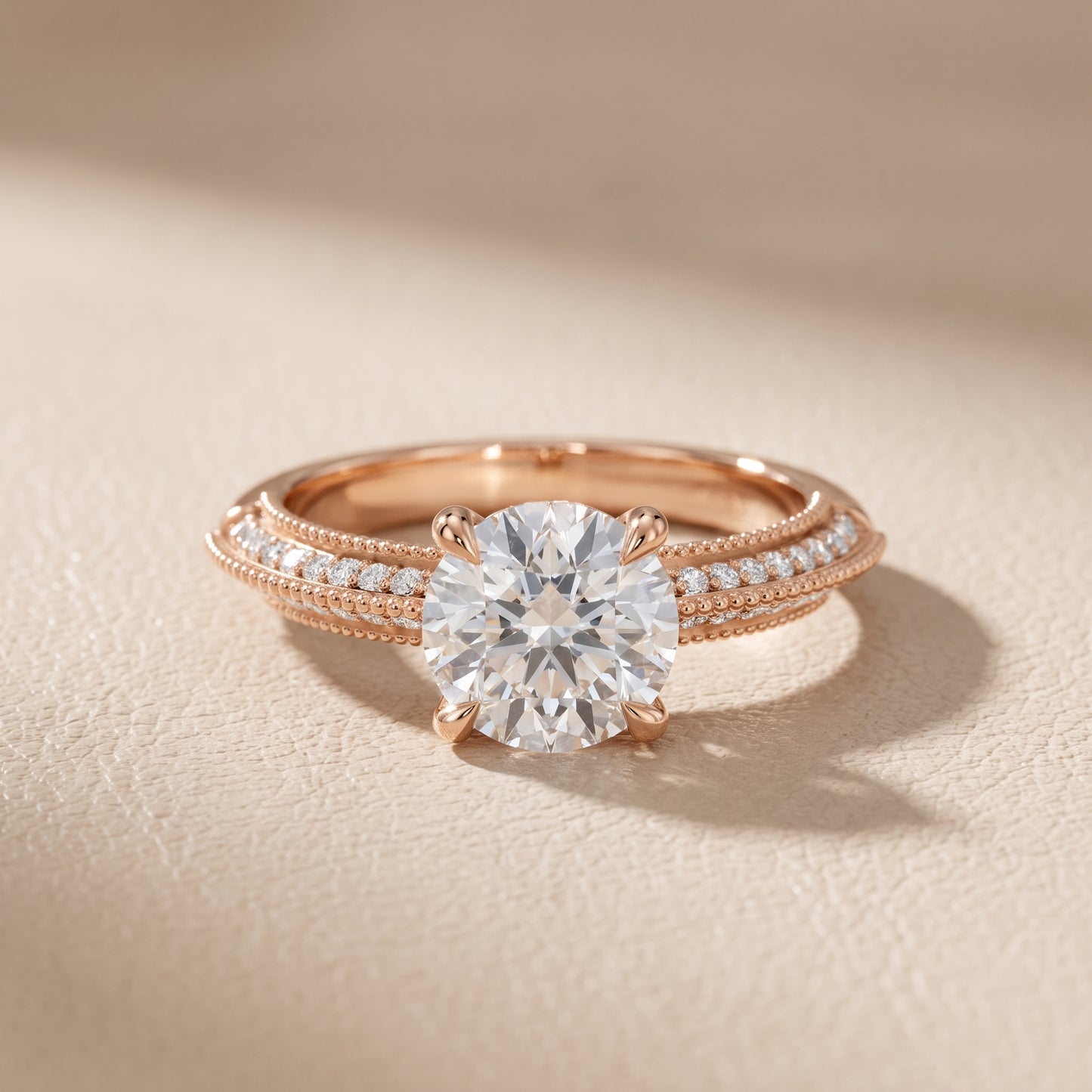 Indie Vintage Milgrain Round Diamond Engagement Ring in Rose Gold - front.jpg
