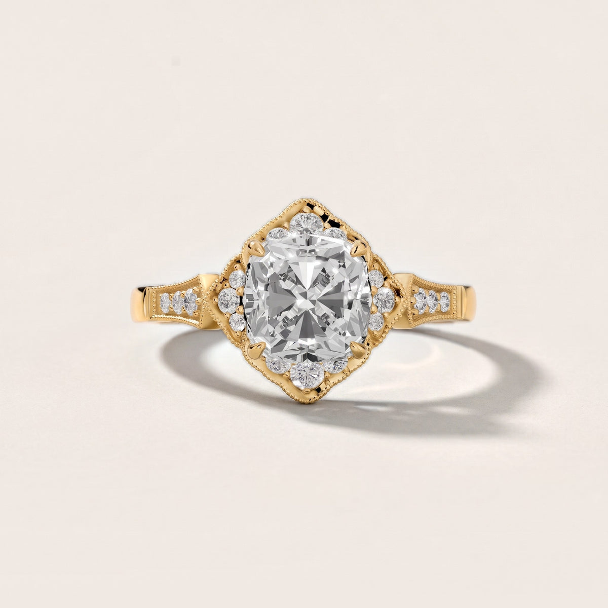 Esther Milgrain Halo Cushion Diamond Engagement Ring in Yellow Gold - front.jpg