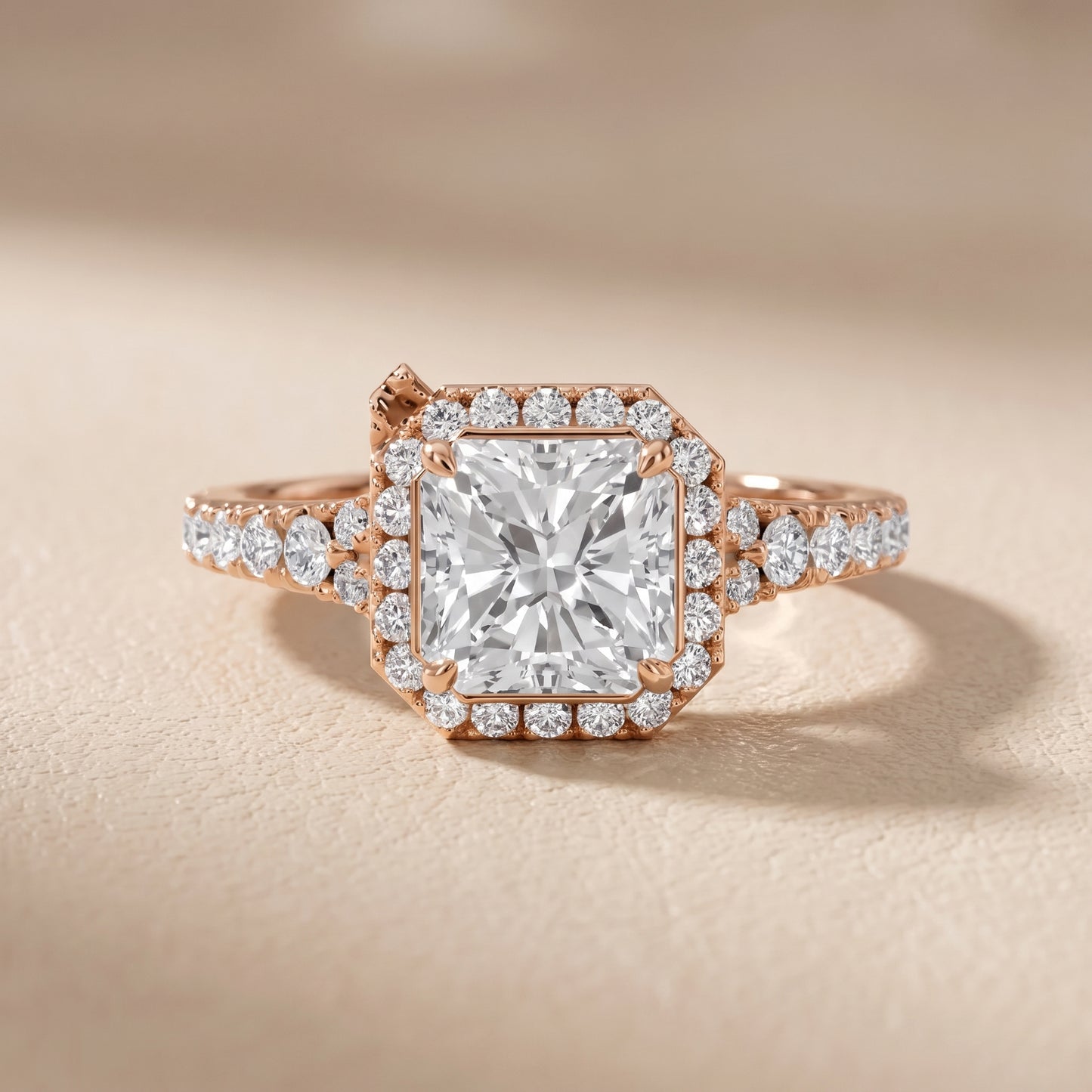 Bella Halo Pavé Radiant Diamond Engagement Ring in Rose Gold - front.jpg