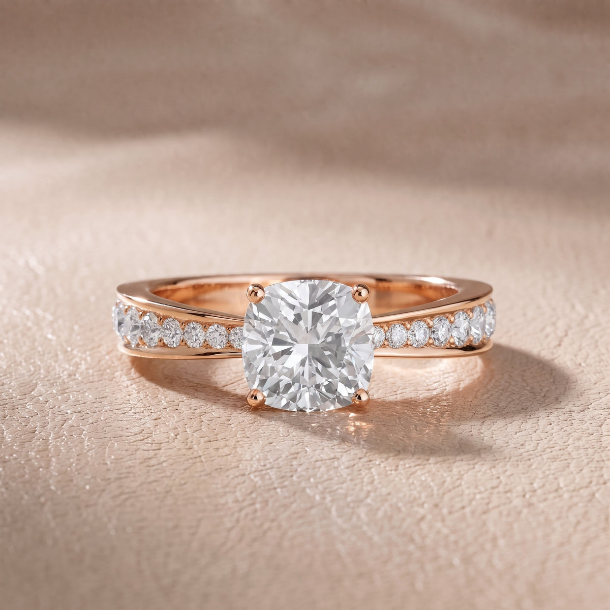 Rhea Sidestone Pavé Cushion Diamond Engagement Ring in Rose Gold - front.jpg