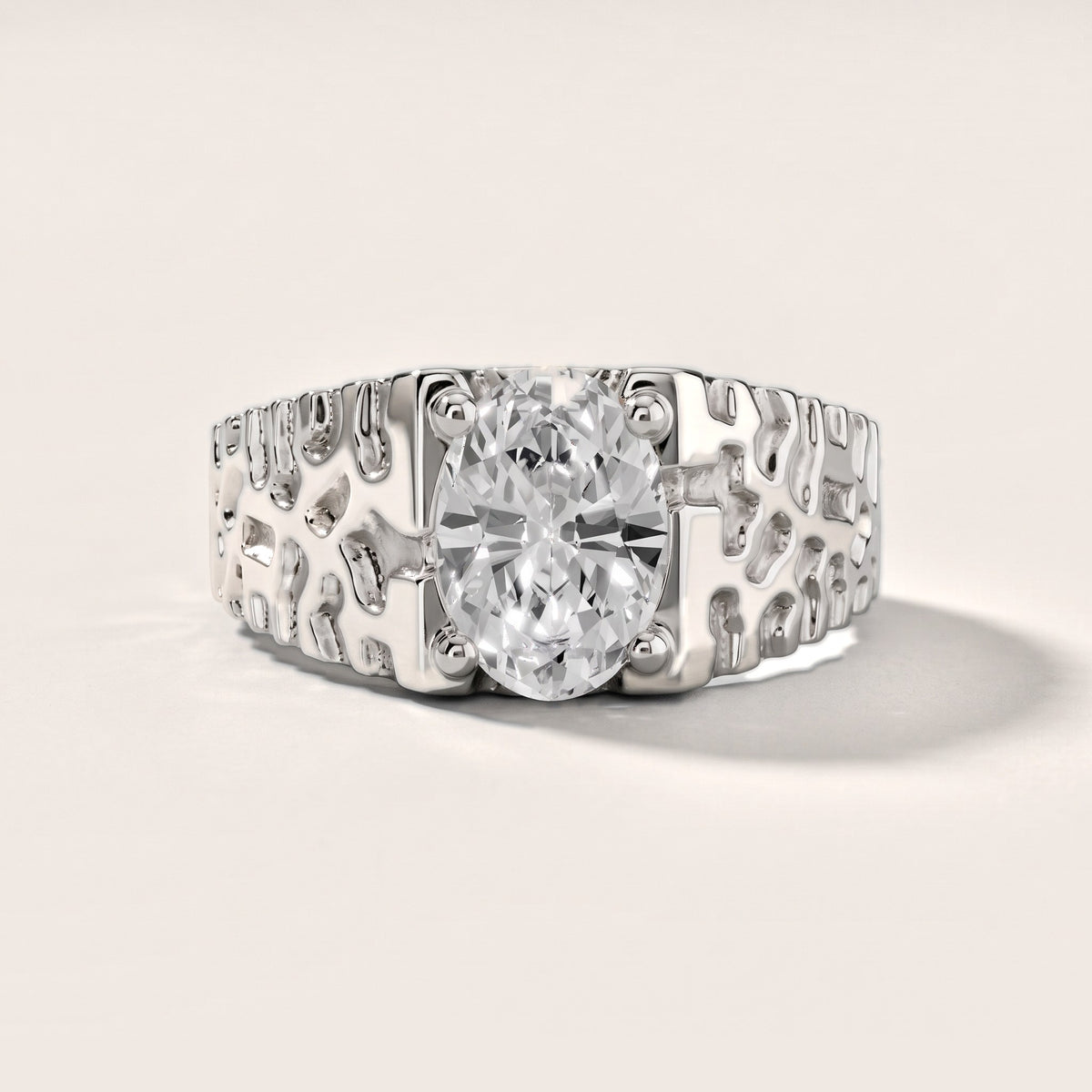 Erie Hammered Solitaire Oval Diamond Engagement Ring in Silver - front.jpg