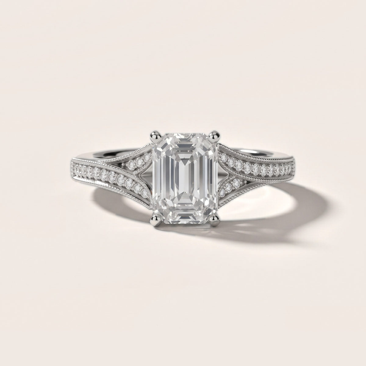 Nara Milgrain Split Shank Emerald Diamond Engagement Ring in Silver - front.jpg