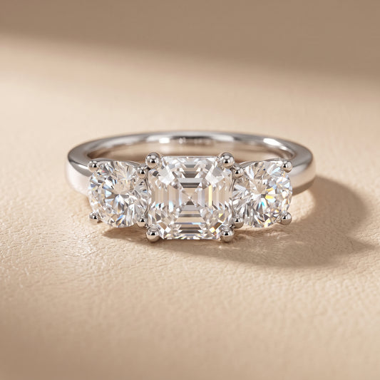 Callie Three-Stone Trellis Asscher Diamond Ring in White Gold - front.jpg