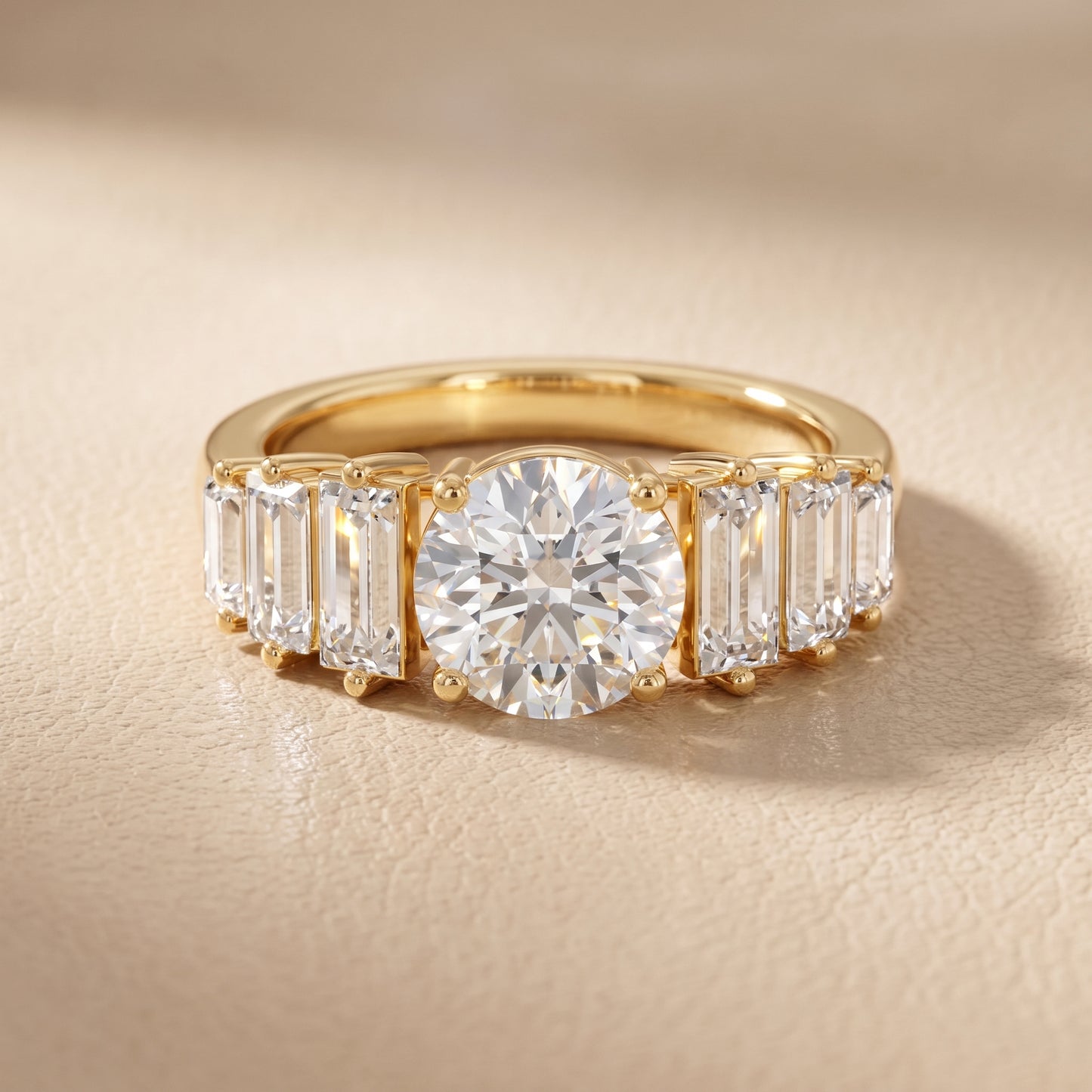Mara Sidestone Baguette Accent Round Diamond Engagement Ring in Yellow Gold - front.jpg
