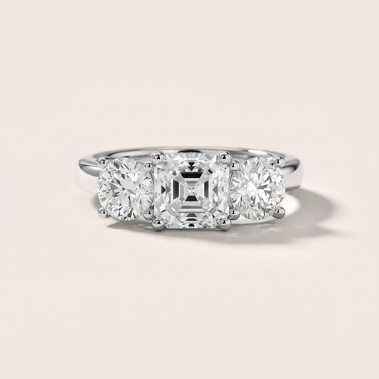 Callie Three-Stone Trellis Asscher Diamond Engagement Ring in White Gold