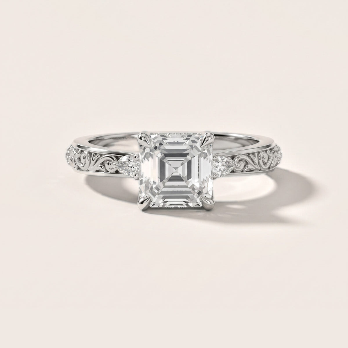 Siesta Three-Stone Engraved Asscher Diamond Engagement Ring in Silver - front.jpg