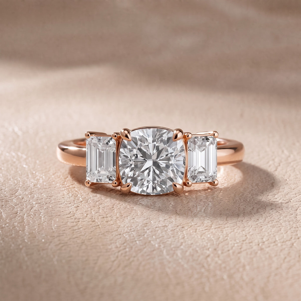 Zoe Three-Stone Cushion Diamond Engagement Ring in Rose Gold - front.jpg