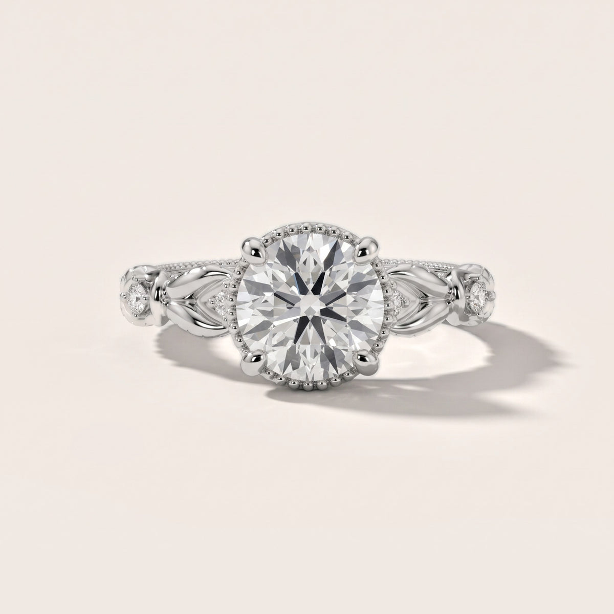 Pelham Vintage Leaf Round Diamond Engagement Ring in Platinum - front.jpg