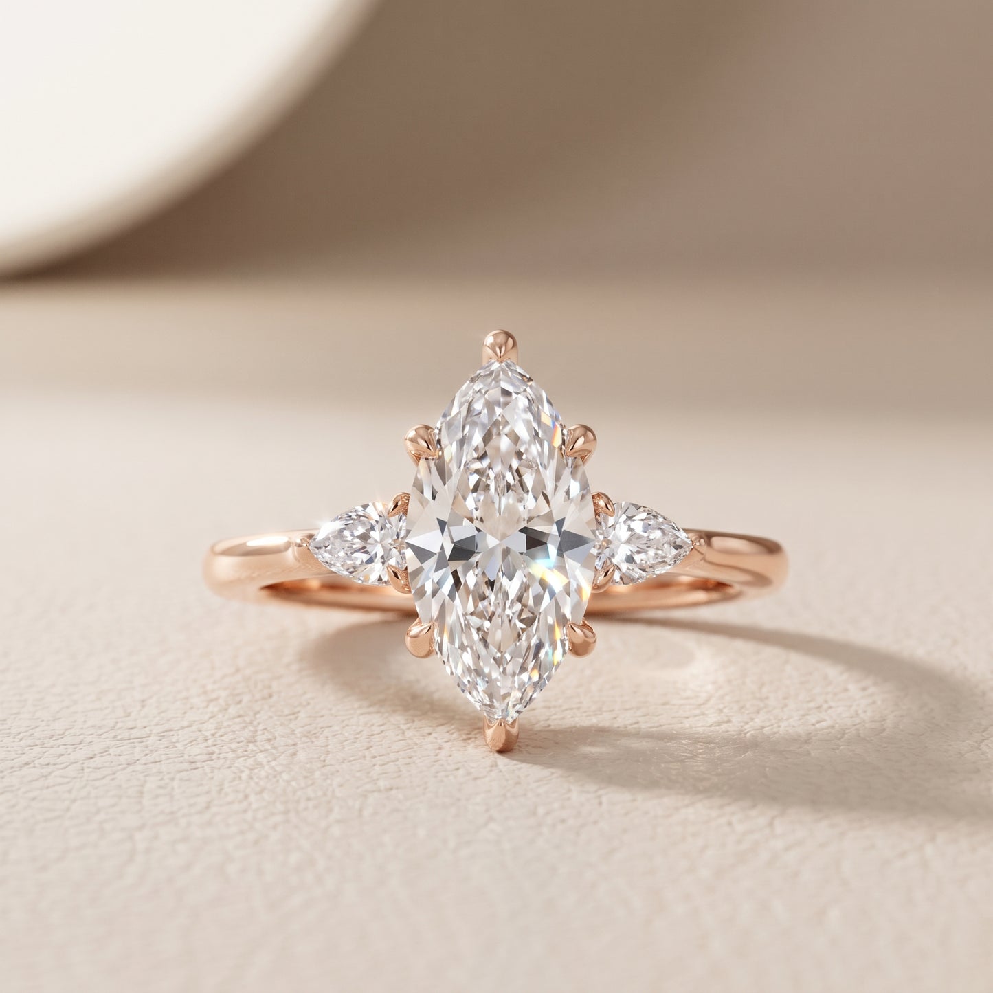 Leila Three-Stone Marquise Diamond Engagement Ring in Rose Gold - front.jpg