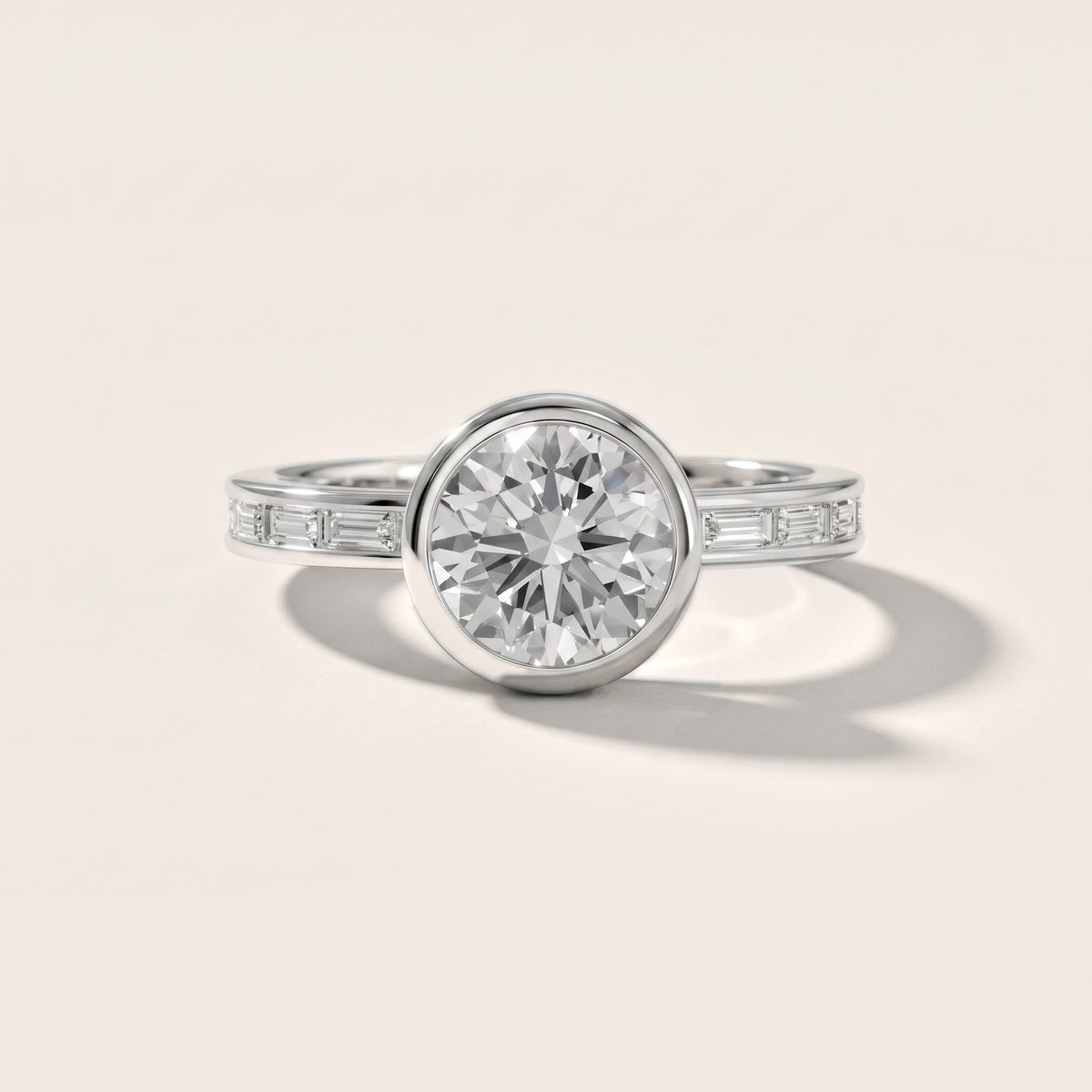 Raleigh Bezel Baguette Round Diamond Engagement Ring in White Gold - front.jpg