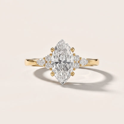 Amelia Three Stone Marquise Diamond Engagement Ring in Yellow Gold